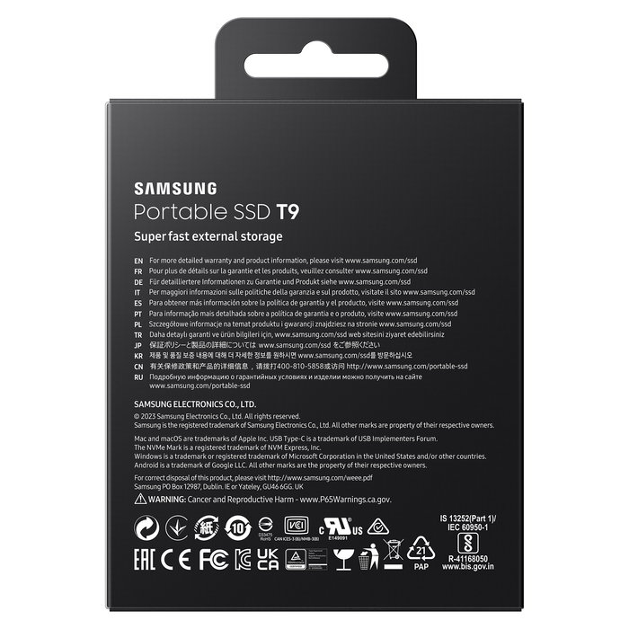 Samsung T9 Portable SSD 2TB USB 3.2 Gen 2x2 (MU-PG2T0B) Negro - 2000 MB/s, Protección Contra Caídas, Cifrado AES 256-bit