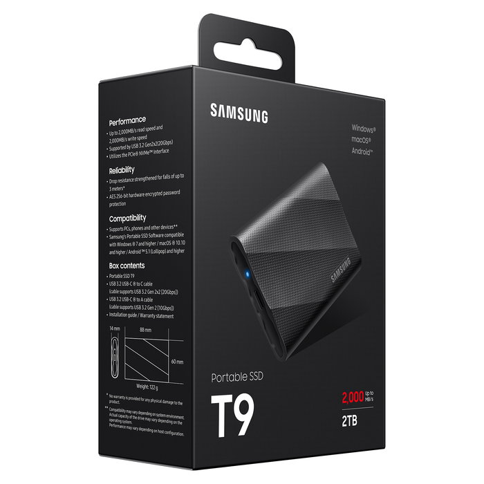 Samsung T9 Portable SSD 2TB USB 3.2 Gen 2x2 (MU-PG2T0B) Negro - 2000 MB/s, Protección Contra Caídas, Cifrado AES 256-bit