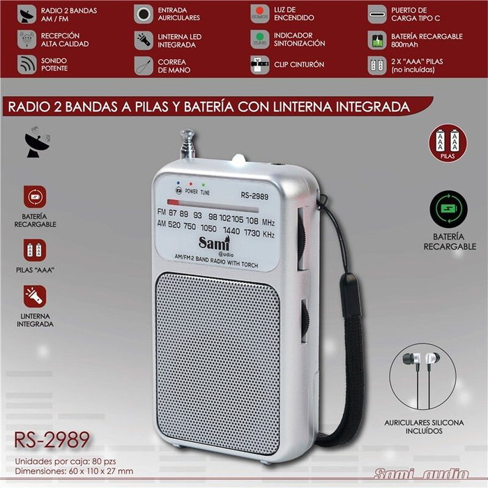 SAMI Radio Sami 2 bandas bolsillo plata con linterna y bate