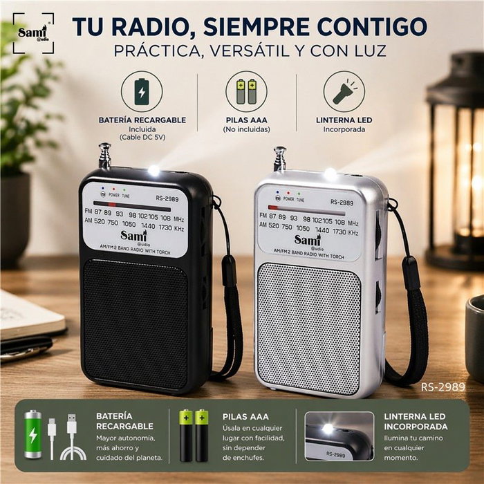 SAMI Radio Sami 2 bandas bolsillo plata con linterna y bate