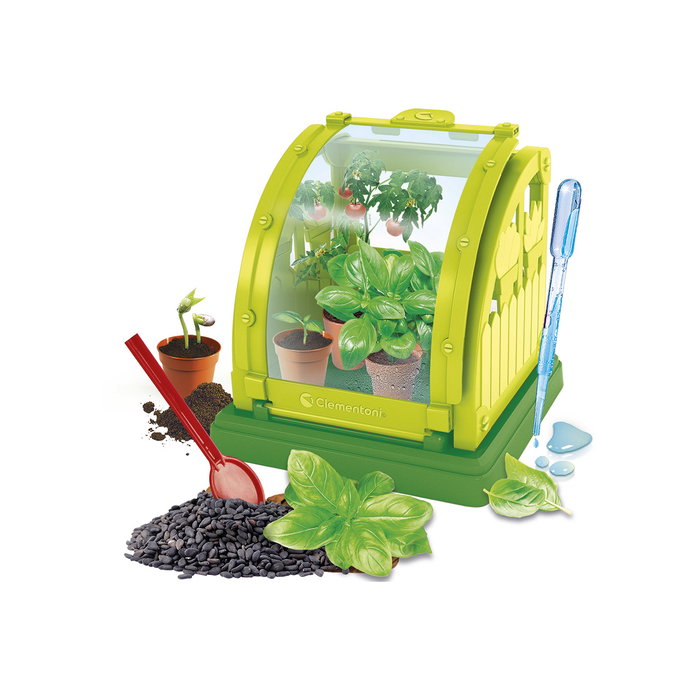 Clementoni Kit Invernadero 55590 Minifuerto para Montar con Puerta Frontal, Macetas, Semillas y Accesorios - Juego Educativo de Botánica para Niños +7 Años