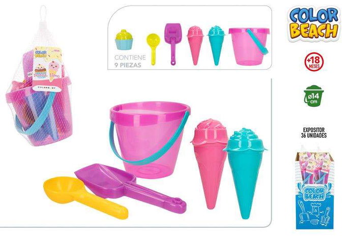Baby Cubo de Playa 14 cm Sweet Time con 9 Piezas - Arena y Formas para Niños a Partir de 12 Meses, Juguete Plástico