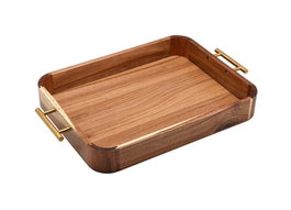 DKD Home Decor Bandeja de Acacia e Inox con Asa, Natural y Dorado