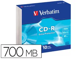 Verbatim CD-ROM Extra Protección Capacidad 700MB Velocidad 52x 80 Min Pack 10 Unidades Caja Slim