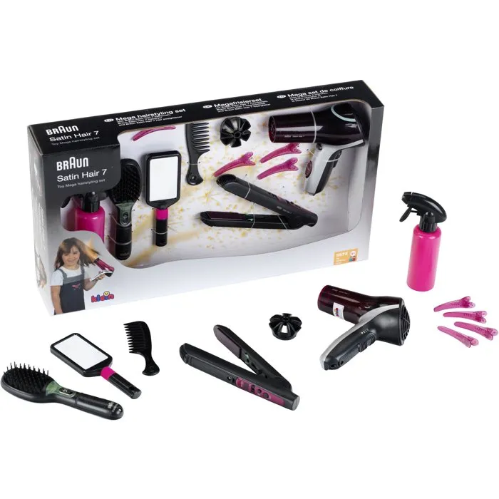 Klein Set de Peinado Braun Satin Hair 7 con Cepillo, Secador, Plancha, Accesorios y Espejo - Juguete para Niñas a Partir de 3 Años