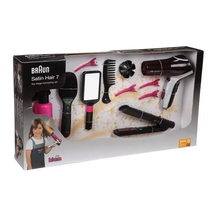 Klein Set de Peinado Braun Satin Hair 7 con Cepillo, Secador, Plancha, Accesorios y Espejo - Juguete para Niñas a Partir de 3 Años