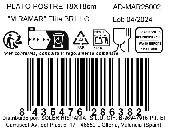 Inde Plato Postre Miramar Elite Brillo 18x18 cm (12 Unidades)