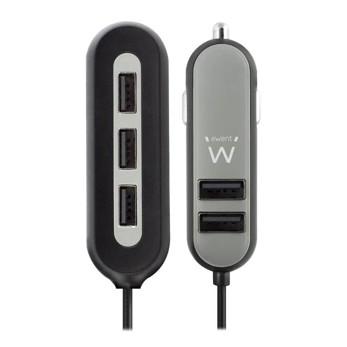 Ewent EW1355 Cargador USB para Coche 5 Puertos 54W (10.8A) con Protección Sobrecarga Negro Gris