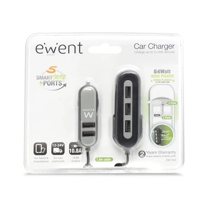 Ewent EW1355 Cargador USB para Coche 5 Puertos 54W (10.8A) con Protección Sobrecarga Negro Gris