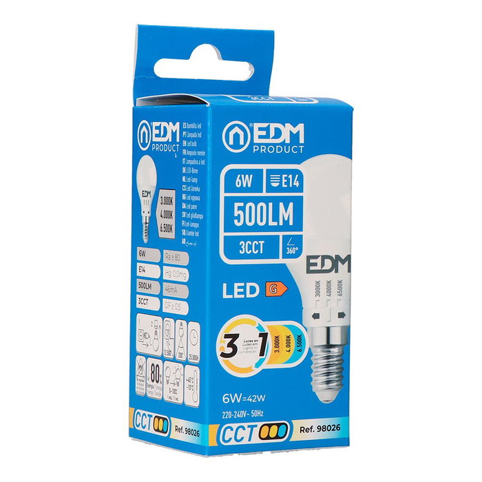 EDM Bombilla LED Esférica P45 E14 6W 500 Lm 360° Luz Cálida/Natural/Fría (3 CCT: 3000K/4000K/6500K) Casquillo Pequeño 220-240V
