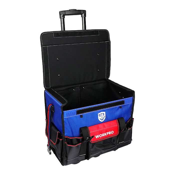 Workpro Bolsa de herramientas rígida con ruedas, poliéster reforzado, bolsillos interiores, frontales y laterales, negra, azul y roja, 46 x 27 x 40 cm