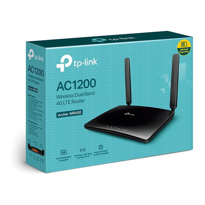 TP-LINK Archer MR400 AC1200 Router Wi-Fi 5 Dual Banda 2.4G/5GHz con 4G LTE y Ranura SIM, Router de Sobremesa Negro