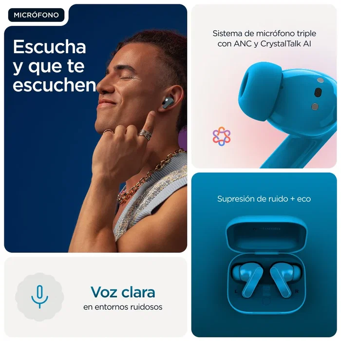Motorola Moto Buds Bass Azul Blue Jewel TWS con Cancelación de Ruido