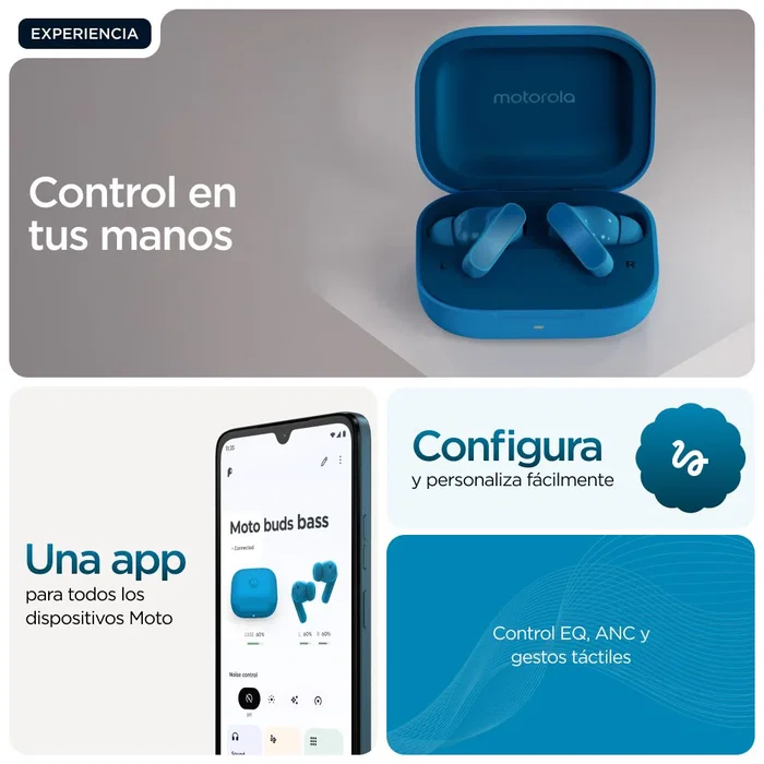 Motorola Moto Buds Bass Azul Blue Jewel TWS con Cancelación de Ruido