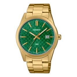 Casio MTP-VD03G-3AUDF con caja y correa dorada y esfera verde
