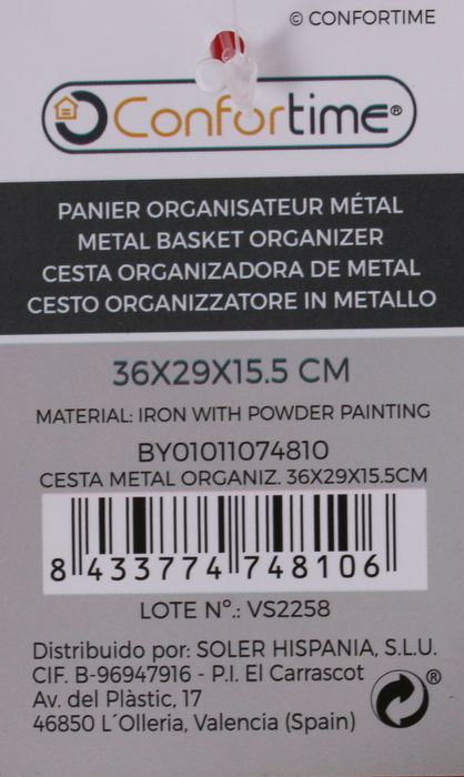 Confortime Cesta Metal Organizadora 36 x 29 x 15.5 cm (12 Unidades)