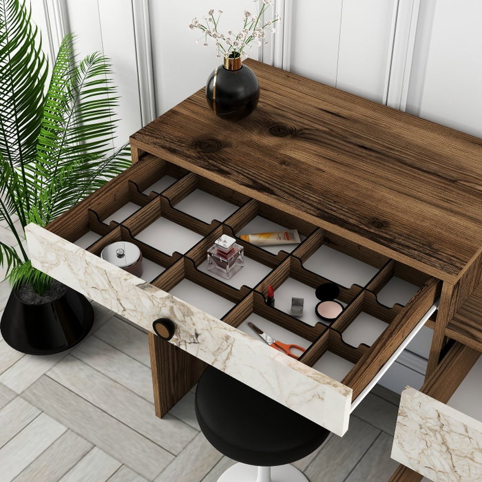 Hanah Home Lizbon 552 Mesa de Maquillaje Tocador Nogal y Blanco Patas Metal 124cm Ancho