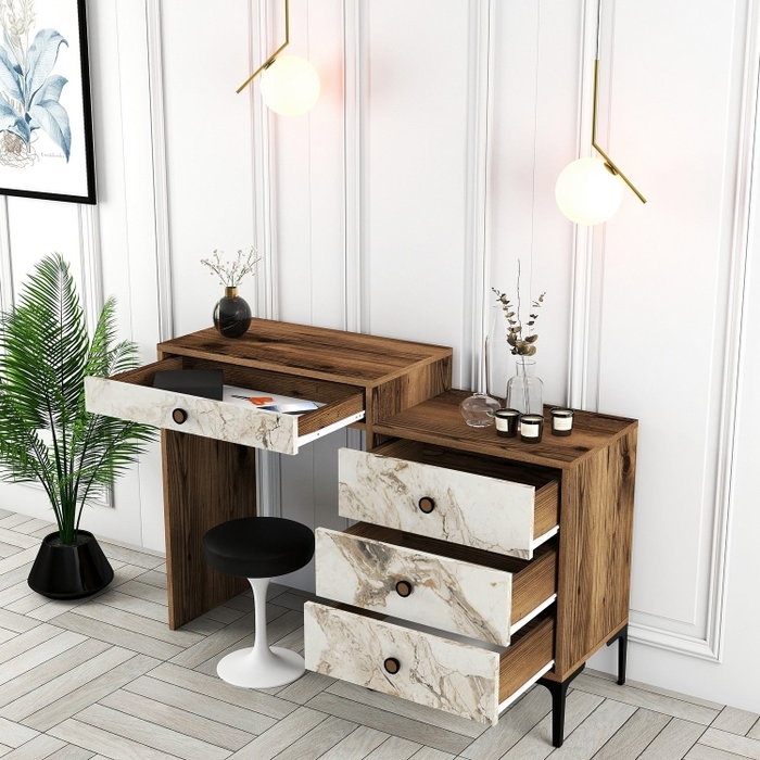 Hanah Home Lizbon 552 Mesa de Maquillaje Tocador Nogal y Blanco Patas Metal 124cm Ancho