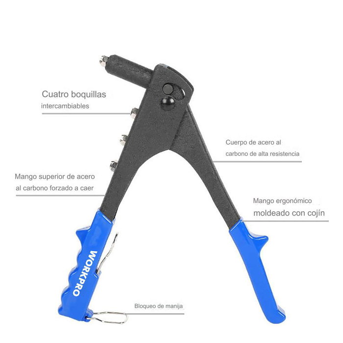 Workpro Remachadora Manual de 250 mm con Expulsión Automática de Remache y Mordazas de Cromo Molibdeno, Color Azul Workpro Remachadora Manual de 250 mm con Expulsión Automática de Remache y Mordazas de Cromo Molibdeno, Color Azul