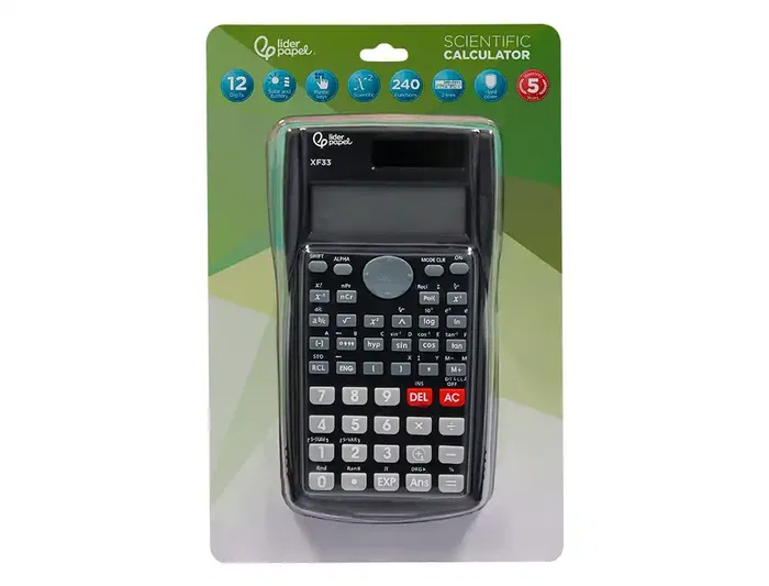 Liderpapel XF33 Calculadora Científica 12 Dígitos 240 Funciones Solar y Pila, Pantalla 2 Líneas, Tapa Rígida, Color Negro 156x85x20mm