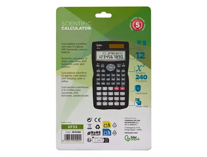Liderpapel XF33 Calculadora Científica 12 Dígitos 240 Funciones Solar y Pila, Pantalla 2 Líneas, Tapa Rígida, Color Negro 156x85x20mm