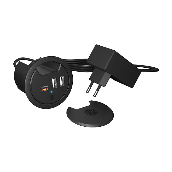 ICY BOX IB-HUB1407 Cargador USB de 30W con 3 Puertos, Power Delivery, Quick Charge 3.0, Negro, Cable 1.4m, para Interior