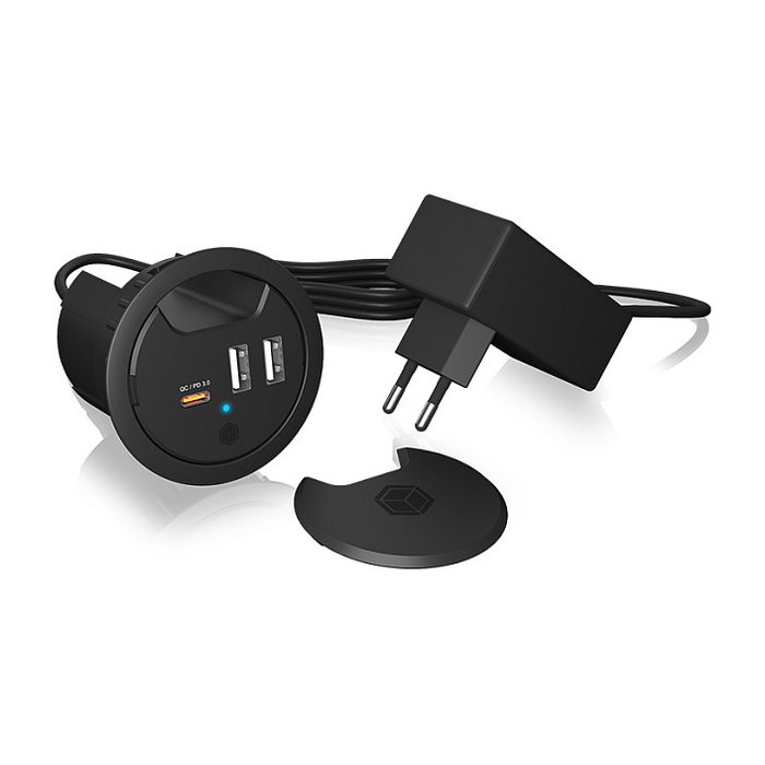 ICY BOX IB-HUB1407 Cargador USB de 30W con 3 Puertos, Power Delivery, Quick Charge 3.0, Negro, Cable 1.4m, para Interior