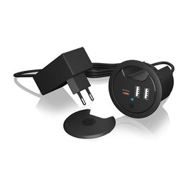 ICY BOX IB-HUB1407 Cargador USB de 30W con 3 Puertos, Power Delivery, Quick Charge 3.0, Negro, Cable 1.4m, para Interior