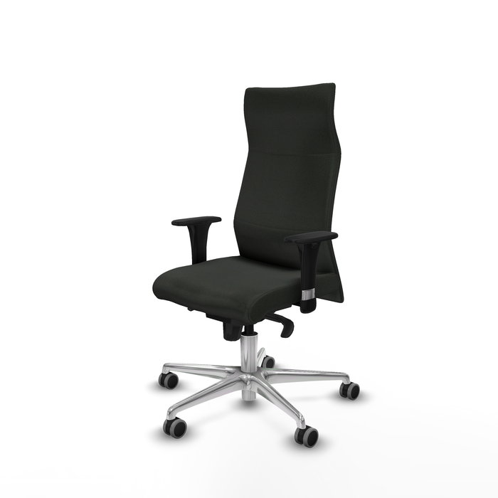 Sillón Albacete con mecanismo Sincro tapizada con Tela color Negro. Equipado con Base aluminio, Brazos 1D y Ruedas 65 mm parqué