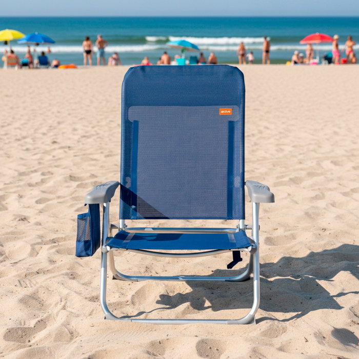 Aktive Silla de playa multiposición Slim con cojín y bolsillo Azul marino