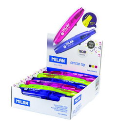 MILAN Corrector de Cinta 5 mm x 6 m con Pulsador Acid Surtido (Pack de 12) Manera de Escritura
