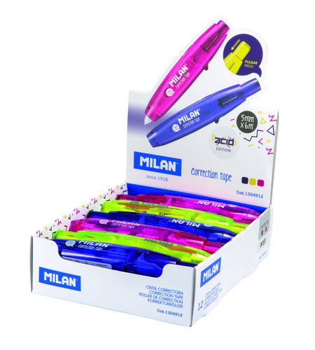 MILAN Corrector de Cinta 5 mm x 6 m con Pulsador Acid Surtido (Pack de 12) Manera de Escritura MILAN Corrector de Cinta 5 mm x 6 m con Pulsador Acid Surtido (Pack de 12) Manera de Escritura