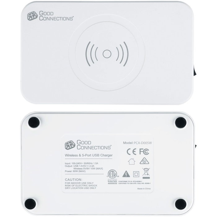 GoodConnections USB Desktop Ladestation 60W 5-Port USB-C/4xUSB-A 10W Qi Wireless Charging Weiß