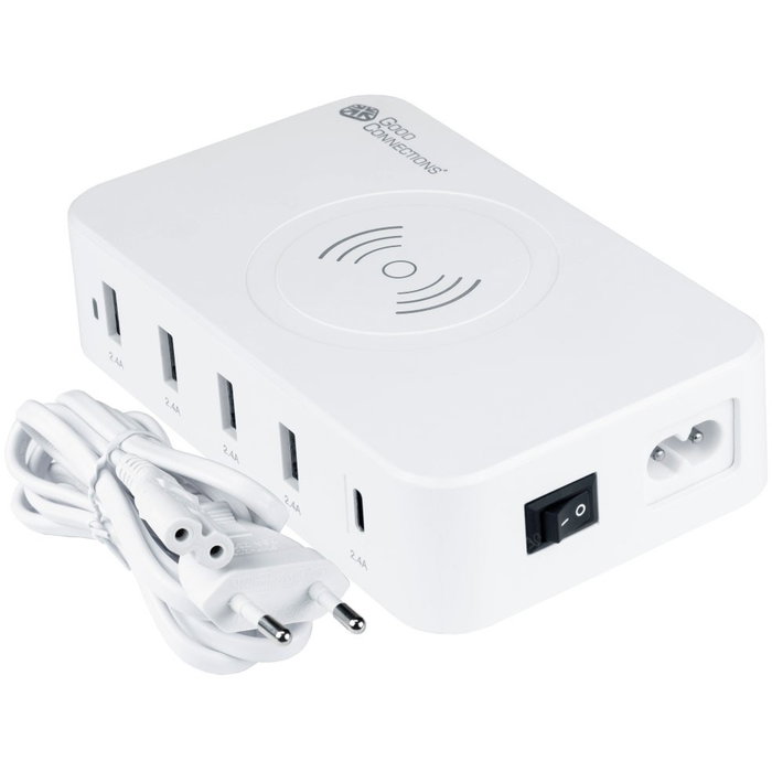 GoodConnections USB Desktop Ladestation 60W 5-Port USB-C/4xUSB-A 10W Qi Wireless Charging Weiß
