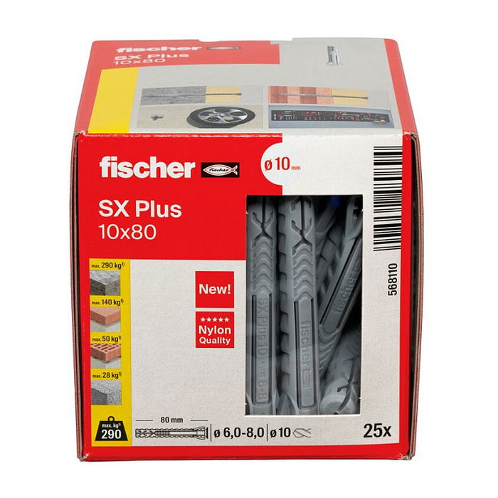 Fischer Anclaje de Expansión SX Plus 10x80mm, 25 Piezas, para Hormigón Aireado, Ladrillo y Placa de Pladur, Nylon, 10 cm x 80 mm, Ref. 568110