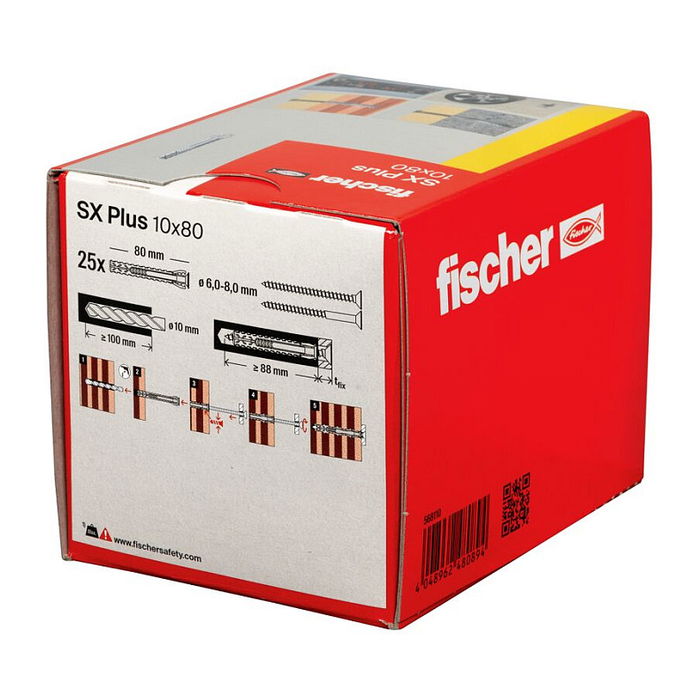 Fischer Anclaje de Expansión SX Plus 10x80mm, 25 Piezas, para Hormigón Aireado, Ladrillo y Placa de Pladur, Nylon, 10 cm x 80 mm, Ref. 568110