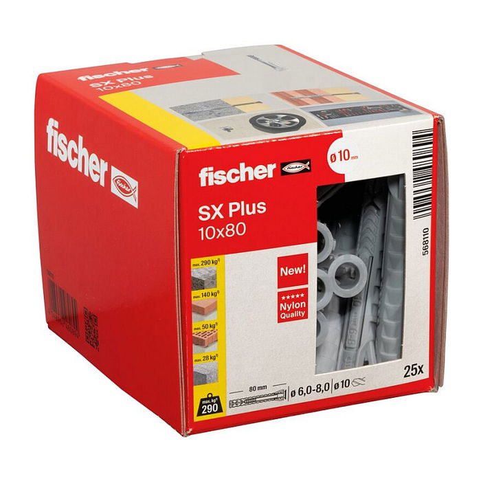 Fischer Anclaje de Expansión SX Plus 10x80mm, 25 Piezas, para Hormigón Aireado, Ladrillo y Placa de Pladur, Nylon, 10 cm x 80 mm, Ref. 568110