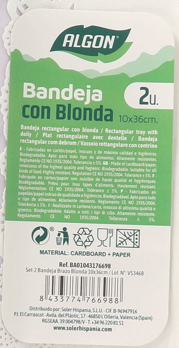 Algon Set-2 Bandeja Brazo Blonda 10 cm x 36 cm (36 Unidades)