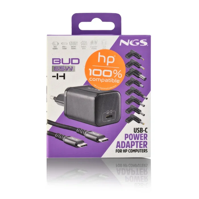 NGS BUD 65W-H Cargador GaN 65W USB-C para Portátil HP con Cable 1,5m y Pack de 8 Conectores - Carga Rápida Universal PD 3.0, Negro