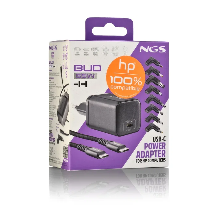 NGS Cargador GaN 65W USB-C para Portátiles HP con Cable y 8 Conectores