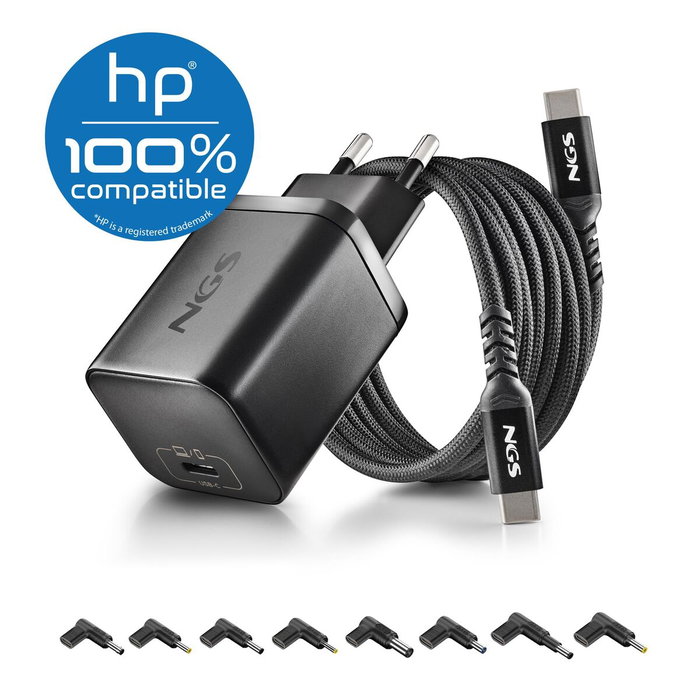 NGS Cargador GaN 65W para HP con Cable USB-C de 1,5 m y 8 Conectores
