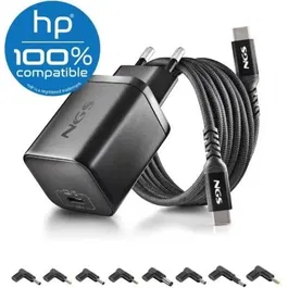 NGS Cargador GaN BUD65W-H 65W USB-C para Portátil HP con 8 Conectores DC - Carga Rápida PD 3.0 con Cable Incluido