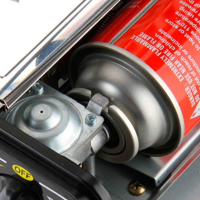 Com Gas Cocina Portátil Camping 2 Fuegos EN17476, Compacta, Acero Inoxidable, Gas Butano, Encendido Piezoeléctrico