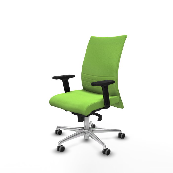 Silla Albacete confidente con mecanismo Sincro tapizada con Tela color Pistacho. Equipada con Base aluminio, Brazos 2D y Ruedas 65 mm parqué