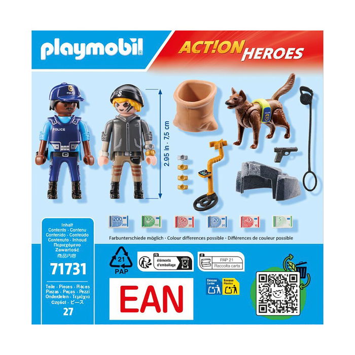 Playmobil Búsqueda Policial Action Heroes 71731 - Set de Policía con Pastor Alemán y Detector de Metales