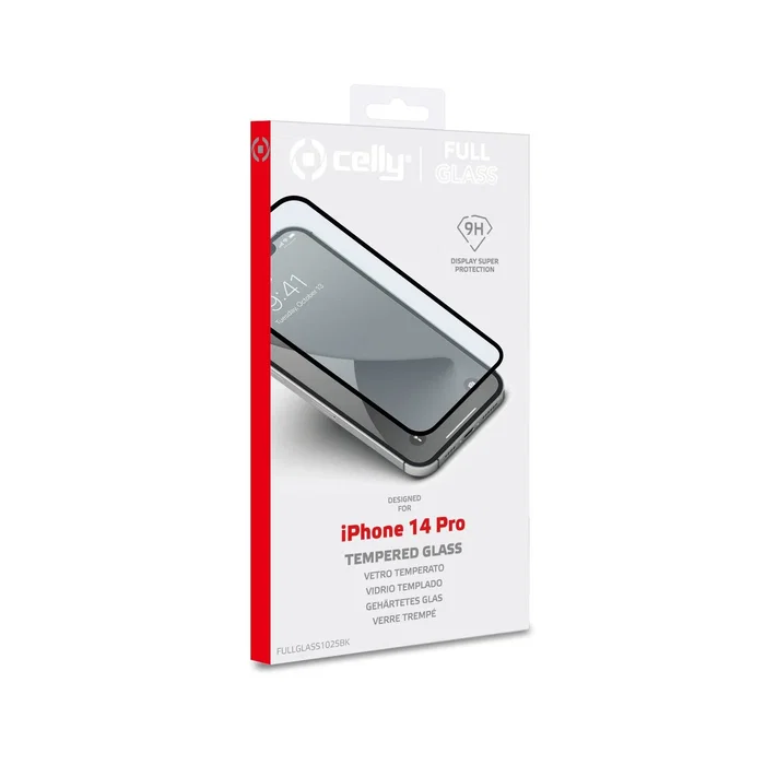 Celly Protector de Pantalla Cristal Templado 9H Full Glass Negro para Apple iPhone 14 Pro (15.5 cm / 6.1") Anti-Huellas, Resistente a Rayones
