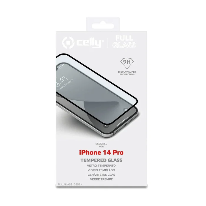 Celly Protector de Pantalla Cristal Templado 9H Full Glass Negro para Apple iPhone 14 Pro (15.5 cm / 6.1") Anti-Huellas, Resistente a Rayones