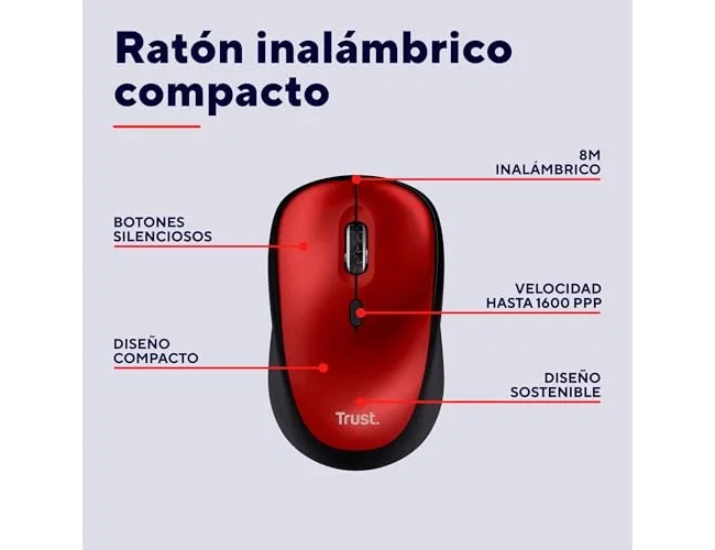 Trust Yvi+ Ratón Inalámbrico Óptico 1600 DPI Rojo/Negro