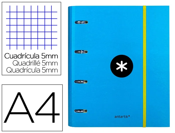 Antartik Carpeta con recambio a4 cuadro 5mm forrada 4 anillas 40mm redondas con solapa color azul Antartik Carpeta con recambio a4 cuadro 5mm forrada 4 anillas 40mm redondas con solapa color azul