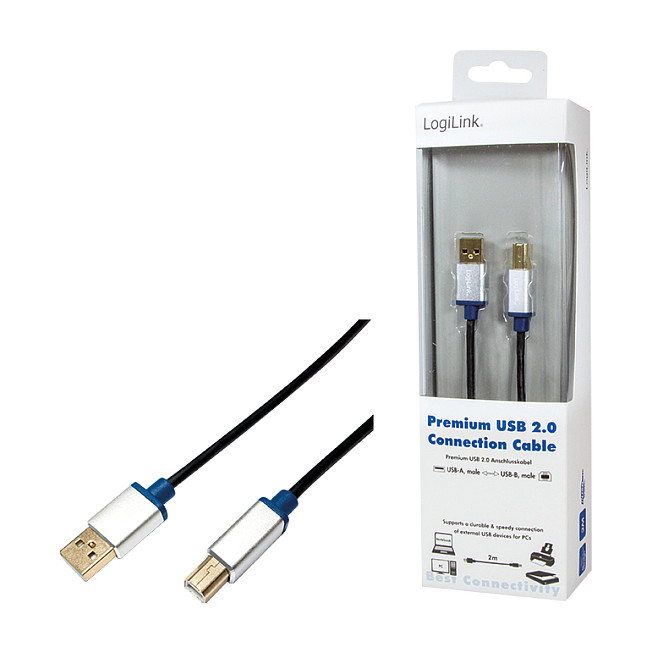 LOGILINK Cable USB 2.0 de 2m con conectores USB A y USB B, Negro